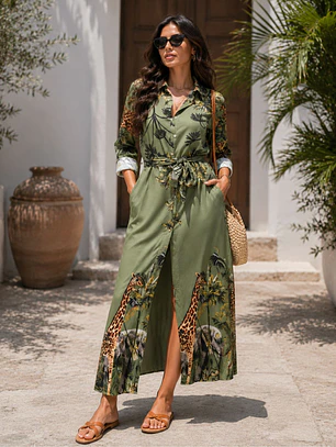 Vestido Camisero Verde Mujer Manga Larga Estilo Safari
