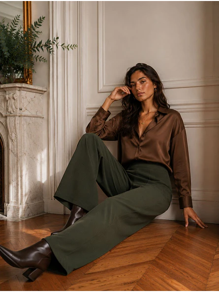 Pantalón Palazzo Lanilla Tiro Alto Mujer | Negro, Beige, Burdeo, Verde y Camel 13