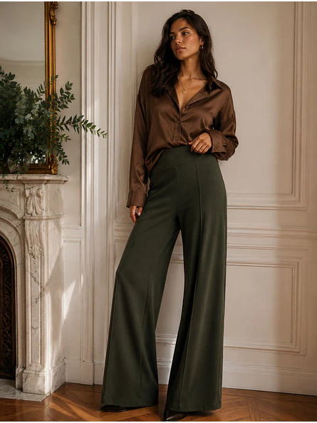 Pantalón Palazzo Lanilla Tiro Alto Mujer | Negro, Beige, Burdeo, Verde y Camel 1