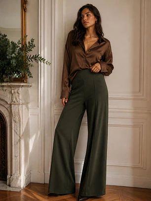 Pantalón Palazzo Lanilla Tiro Alto Mujer | Negro, Beige, Burdeo, Verde y Camel