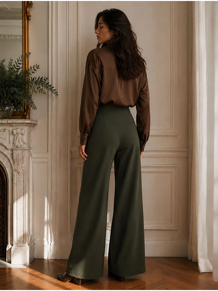 Pantalón Palazzo Lanilla Tiro Alto Mujer | Negro, Beige, Burdeo, Verde y Camel 15