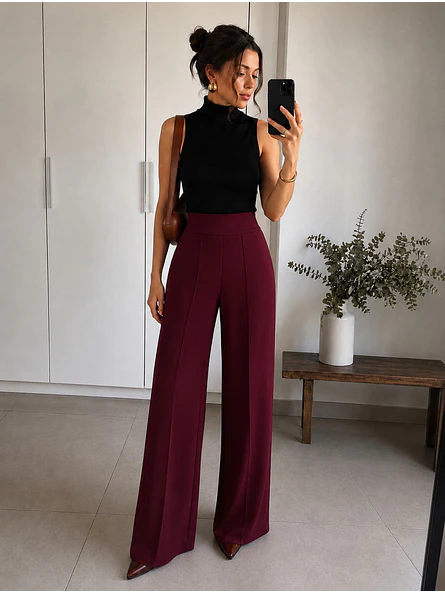 Pantalón Palazzo Lanilla Tiro Alto Mujer | Negro, Beige, Burdeo, Verde y Camel 4
