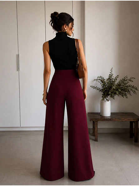 Pantalón Palazzo Lanilla Tiro Alto Mujer | Negro, Beige, Burdeo, Verde y Camel 17