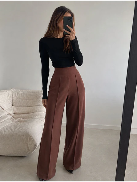 Pantalón Palazzo Lanilla Tiro Alto Mujer | Negro, Beige, Burdeo, Verde y Camel 5