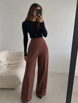 Pantalón Palazzo Lanilla Tiro Alto Mujer | Negro, Beige, Burdeo, Verde y Camel