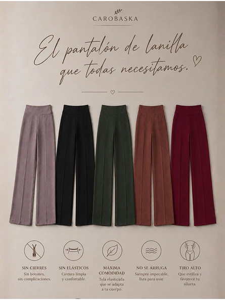 Pantalón Palazzo Lanilla Tiro Alto Mujer | Negro, Beige, Burdeo, Verde y Camel 20