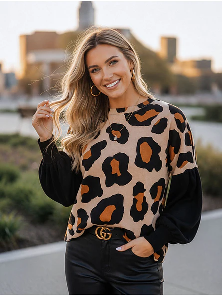 Polera Animal Print Camel Mujer Manga Globo Oversize 2