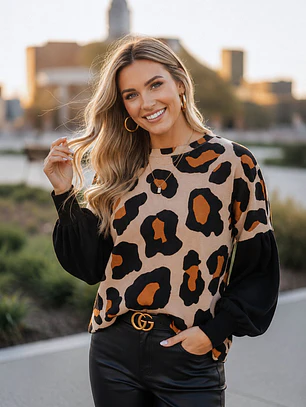 Polera Animal Print Camel Mujer Manga Globo Oversize
