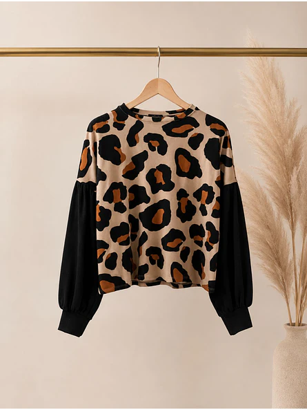 Polera Animal Print Camel Mujer Manga Globo Oversize 7