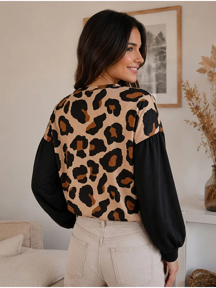 Polera Animal Print Camel Mujer Manga Globo Oversize 10