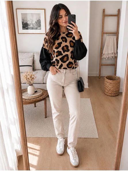 Polera Animal Print Camel Mujer Manga Globo Oversize 11