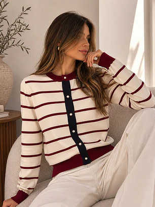 Chaleco Rayas Burdeo con Negro Mujer Estilo Parisino