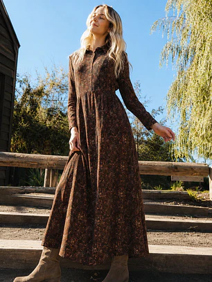 Vestido Camisero Largo Animal Print Café Mujer