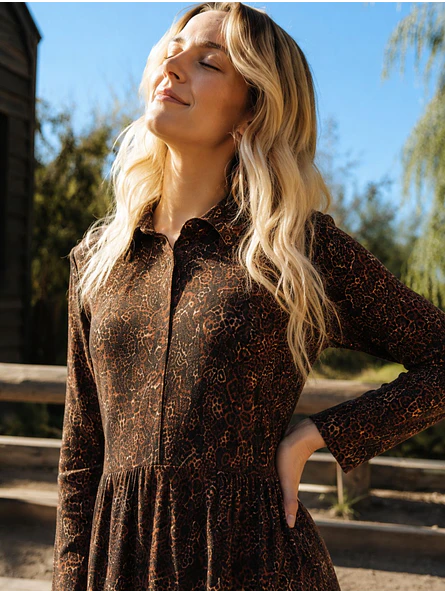 Vestido Camisero Largo Animal Print Café Mujer 2