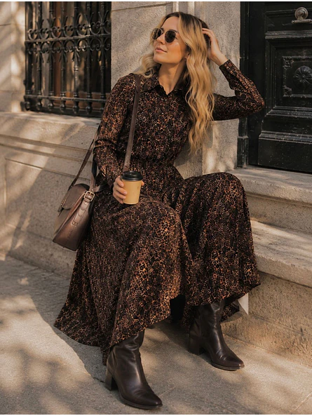 Vestido Camisero Largo Animal Print Café Mujer 4