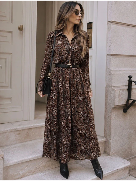 Vestido Camisero Largo Animal Print Café Mujer 7