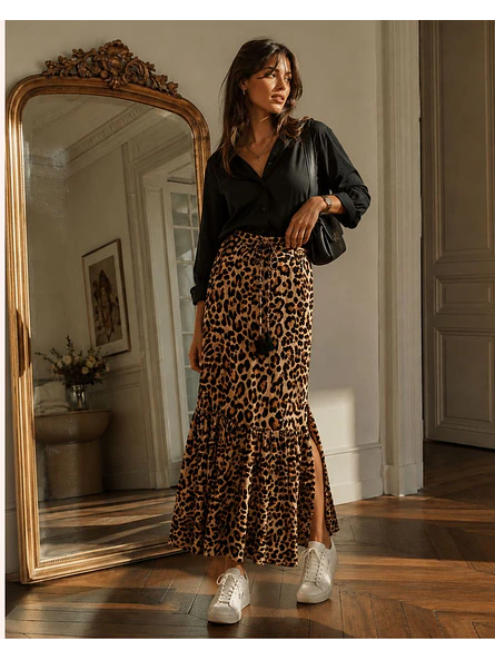 Falda Animal Print Larga Mujer con Aberturas Laterales 1