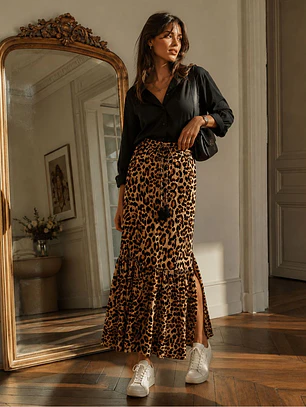 Falda Animal Print Larga Mujer con Aberturas Laterales