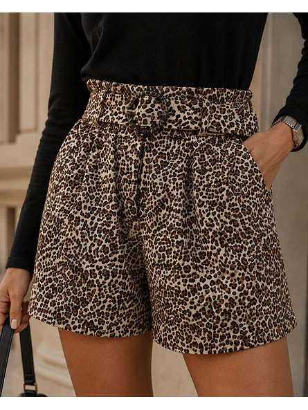 Short Animal Print Beige Mujer Tiro Alto con Cinturón 5