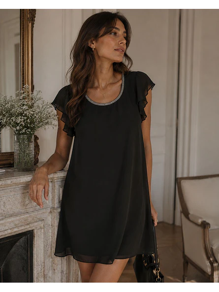 Vestido Negro Fiesta Vuelos Mangas Mujer 1