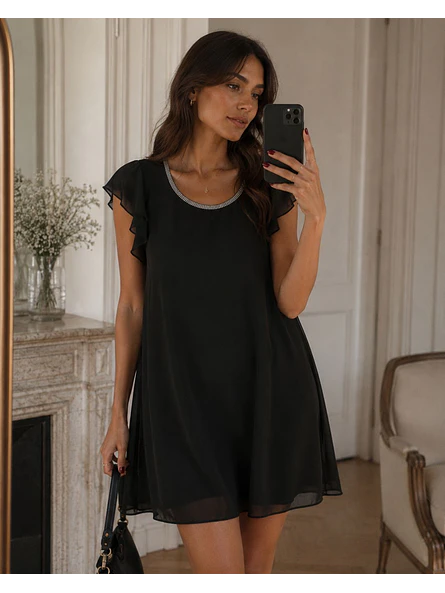Vestido Negro Fiesta Vuelos Mangas Mujer 4