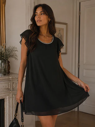 Vestido Negro Fiesta Vuelos Mangas Mujer