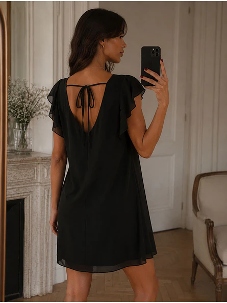 Vestido Negro Fiesta Vuelos Mangas Mujer 3