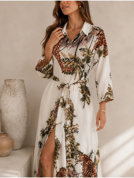 Vestido Camisero Largo Blanco Animal Print Mujer 1