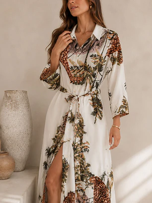Vestido Camisero Largo Blanco Animal Print Mujer