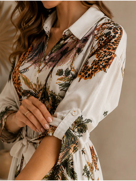Vestido Camisero Largo Blanco Animal Print Mujer 3