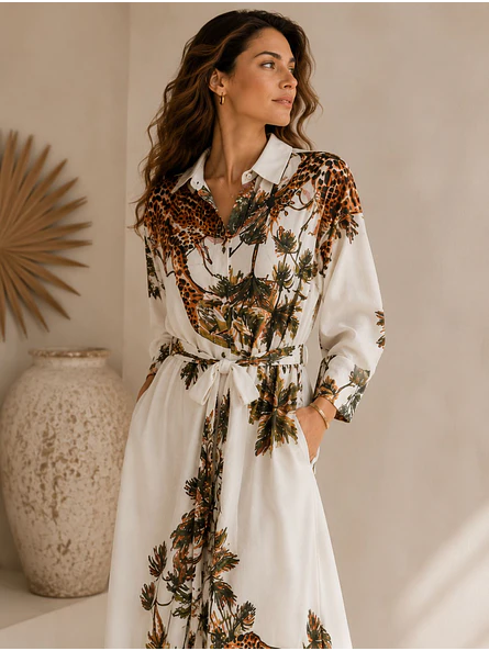 Vestido Camisero Largo Blanco Animal Print Mujer 4