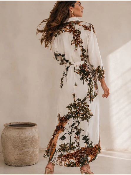 Vestido Camisero Largo Blanco Animal Print Mujer 5