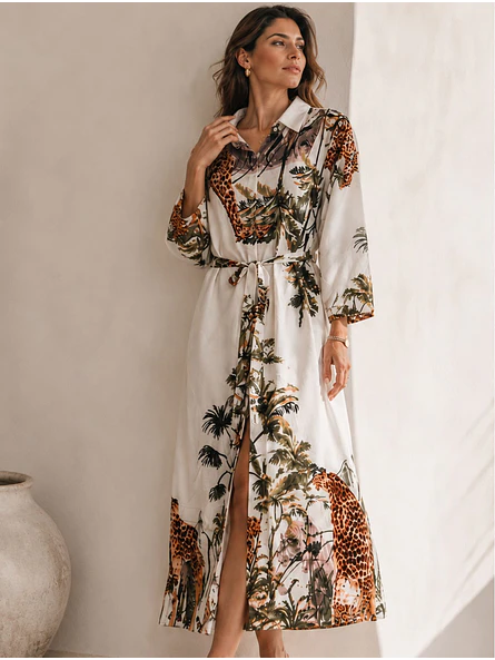 Vestido Camisero Largo Blanco Animal Print Mujer 6