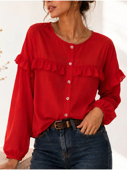 Blusa Roja Mujer con Vuelos Manga Larga 1