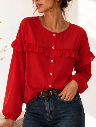 Blusa Roja Mujer con Vuelos Manga Larga
