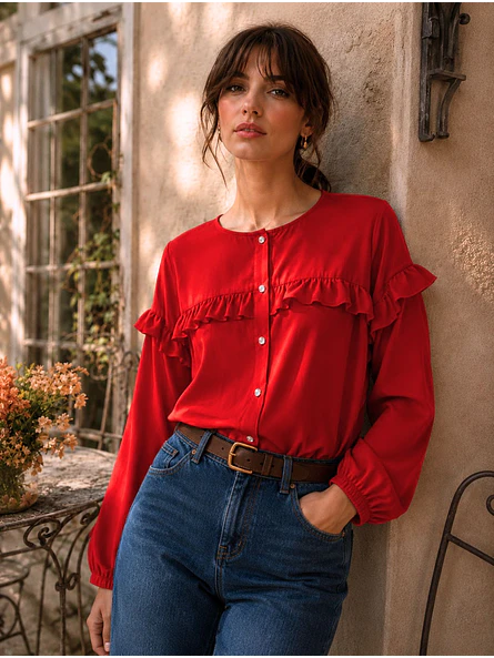 Blusa Roja Mujer con Vuelos Manga Larga 2