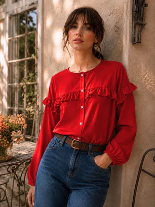 Blusa Roja Mujer con Vuelos Manga Larga