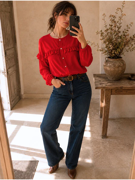 Blusa Roja Mujer con Vuelos Manga Larga 3