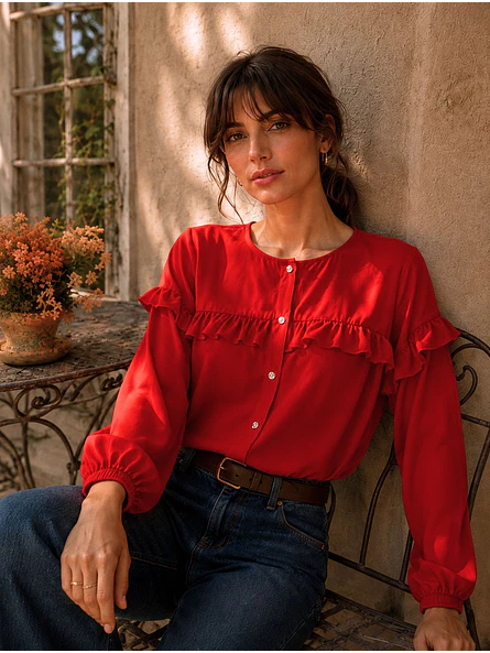 Blusa Roja Mujer con Vuelos Manga Larga 4
