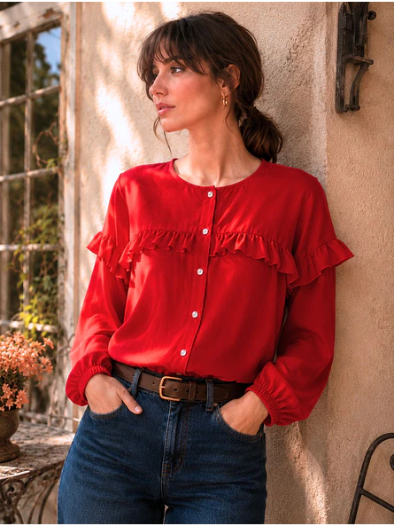 Blusa Roja Mujer con Vuelos Manga Larga 5
