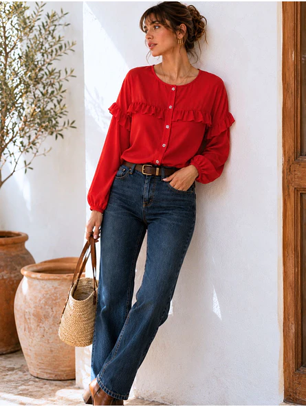 Blusa Roja Mujer con Vuelos Manga Larga 7