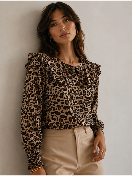 Blusa Animal Print Café Mujer Manga Larga Cuello Volantes 2
