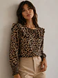 Blusa Animal Print Café Mujer Manga Larga Cuello Volantes - Miniatura 2