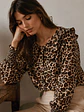 Blusa Animal Print Café Mujer Manga Larga Cuello Volantes - Miniatura 1