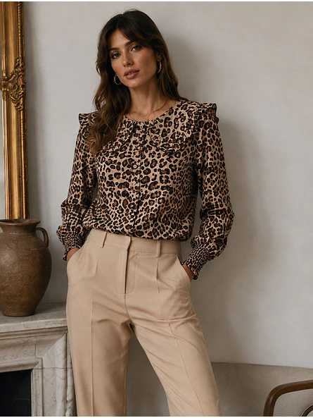 Blusa Animal Print Café Mujer Manga Larga Cuello Volantes 3