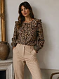 Blusa Animal Print Café Mujer Manga Larga Cuello Volantes - Miniatura 3