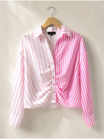 Blusa Rosada Mujer Rayas Asimétrico Fruncido Frontal 6