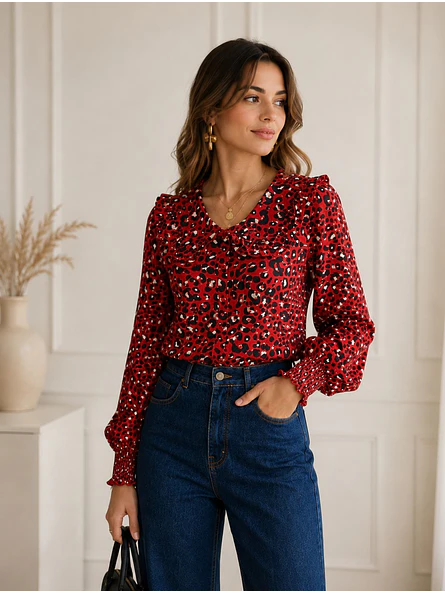 Blusa Animal Print Roja Mujer Manga Larga Cuello Vuelos 2