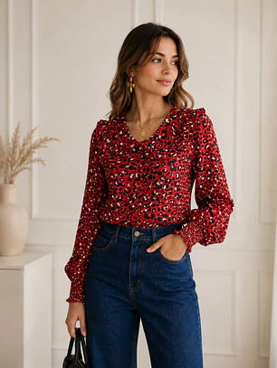 Blusa Animal Print Roja Mujer Manga Larga Cuello Vuelos
