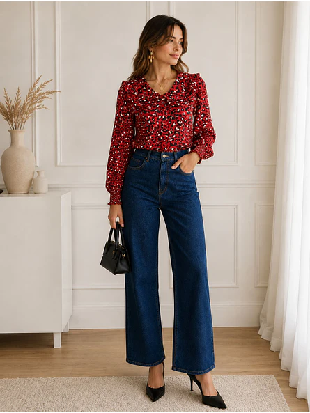 Blusa Animal Print Roja Mujer Manga Larga Cuello Vuelos 4